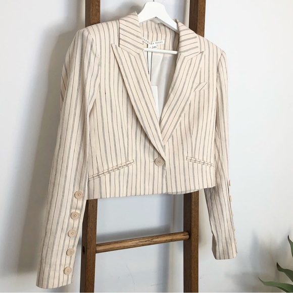 VERONICA Beard Armada cream/black pin stripe cropped Linen blend blazer NWT 8